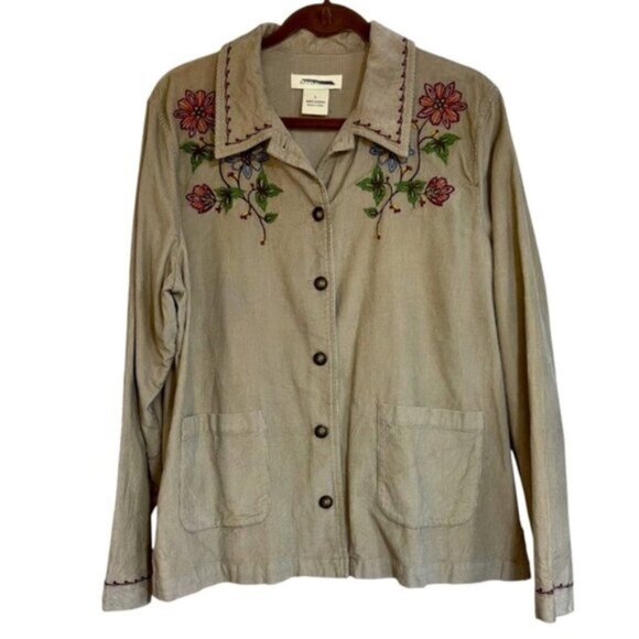 Appleseeds Beige Embroidered Women's Jacket Large Corduroy Button Up Chore Coat - Picture 1 of 8